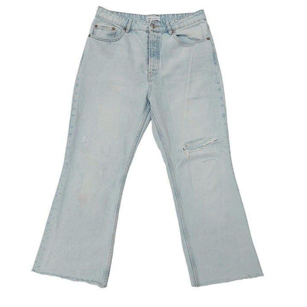 Zara Womens 10 Blue Wide Leg Jeans Distressed High Rise Button Fly Raw Hem Y2K